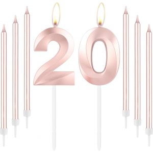 Eryi-Lot De Bougies D'anniversaire 20 Ans En Forme De Chiffre 20 Pour Gâteau Avec Longues Et Fines, Or Rose - Décoration De Gâteau Pour Fille - Fournitures De Décoration De 20e Anniversaire De - Neuf