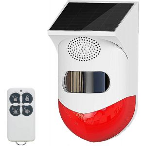 Lumière d'alarme stroboscopique solaire avec sirène de capteur de mouvement Sirène d'alarme extérieure avec télécommande 120db Lumière de sirène de sécurité sonore IP67 étanche et 4 Mo - Neuf