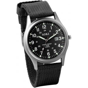 Montre Homme Bracelet Tissu: Montre Militaire Homme Analogique Quartz Bracelet Nylon Avec Aiguille Luminescent Calendrier Echelles Chiffres Arabes-Cadeau Homme Anniversaire.[J588] - Neuf