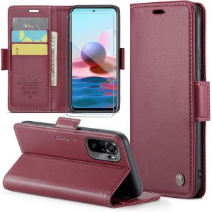 Kal-Coque Pour Xiaomi Redmi Note 10 4g/Redmi Note 10s+ 2 Pi&egrave;ces Verre Tremp&eacute;,Antivol,Prend En Charge Le Chargement Sans Fil, Pochette Fermeture Magn&eacute;tique Flip Case-Bourgogne - Neuf
