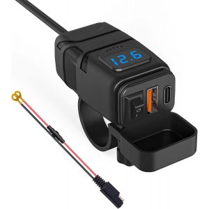 Chargeur De Moto, Type C Pd Et Qc3.0 Prise Usb Pour Voiture 12 V/24 V &Eacute;tanche Avec Interrupteur Et Voltm&egrave;tre Led Pour Suv Marin Bateaux (Bleu : Usb + Type C) - Neuf