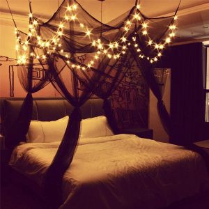 KAL-Moustiquaire Pour Ciel De Lit, 4 Coins, Ciel De Lit Élégant, Moustiquaire, Crochet De Manche Et Corde Professionnelle Pour Filet, Rideau De Lit, Rideau De Lit, Rideau De Lit, Ple/Queen/Roi (Noir) - Neuf