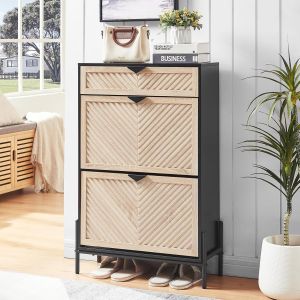 SUBZONAL-Armoire &agrave; Chaussures &Eacute;troite avec 2 Tiroirs Rabattables - Meuble Entr&eacute;e &Eacute;tag&egrave;re de Rangement Cache - Design Autonome et Fin pour Porte (Ch&ecirc;ne et Noir) - Neuf