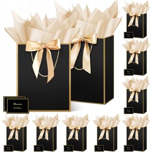 Sac Cadeau, 10 Pièces 12.59"" Papier Emballage Cadeau Anniversaire, Vertical Pochette Cadeau Ggrand Format Enfant 32*25*13cm Avec 10 Cartes 10 Mouchoirs Pour Fête D'anniversaire, Mariage Noir - Neuf