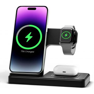 KALANKA-Chargeur Induction pour iPhone 3en1: Station de Charge pour iPhone 16e 16 15 14 13 12 11 Pro Max pour Apple Watch Series 10 &agrave; 2 SE Ultra pour AirPods Pro 2 3 4, Chargeur sans Fil pour Bureau - Neuf