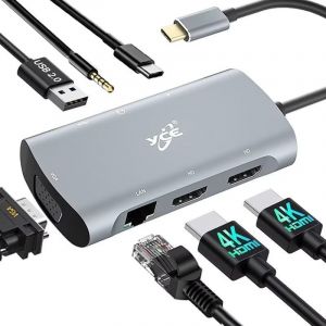 Station d'accueil USB C double moniteur 2 HDMI 7 en 1 Hub USB C pour ordinateur portable Adaptateur multiport USB C vers HDMI 4K @ 60 Hz, VGA, USB, SD/TF, port Gigabit Ethernet, type C PD 100 W - Neuf