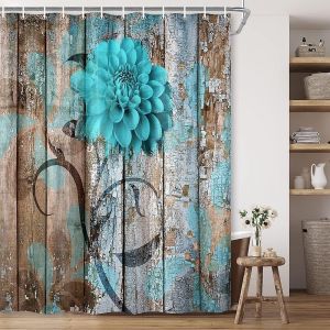 Rideau de douche à motif floral champêtre, ensemble de rideaux de douche à motif floral turquoise et dahlia de grange en bois, rideau de douche en tissu turquoise champêtre, avec crochet, style bohème - Neuf