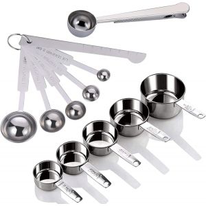 Cuillères et Tasses à mesurer en Acier Inoxydable avec Mesure Règle, Scoop avec Clip, Cuisine Tableau de Conversion Lot de 12 pour Sec et Liquide ingrédients - Neuf