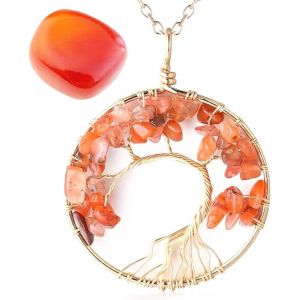 Kal-Women's Crystals And Healing Stones Necklace Gold/Platinum Plated Brass Wire Natural Moonstone/Pink Quartz/Amethyst Quartz/Carnelian/Jade Handmade Winding Tree Of Life Pendant Chain 50cm - Neuf