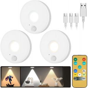 Veilleuses Avec D&eacute;tecteur De Mouvement, Lot De 3 Veilleuse Led Rechargeable 3 Modes Eclairage, Lampe D&eacute;tecteur De Mouvement Interieur, T&eacute;l&eacute;commande, Pour Armoire, Escaliers, Placard, Cuisine - Neuf