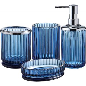 CMJAAGUR-Lot De 4 Accessoires De Salle De Bain En Verre Bleu Avec Motif D&eacute;coratif Press&eacute; &iquest; Comprend Un Distributeur De Savon Pour Les Mains, Un Gobelet, Un Porte-Savon Et Un Porte- &Agrave; Dents ([M188] - Neuf