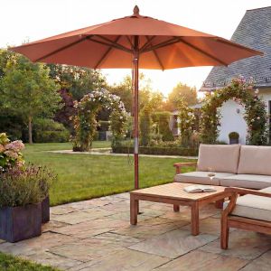 Parasol De Restaurant Hwc-C57b, Parasol De Jardin, Polyester/Bois 14 Kg, Rond &Oslash; 3 M, C&acirc;ble De Traction R&eacute;sistant Aux ChocsTerre Cuite - Neuf