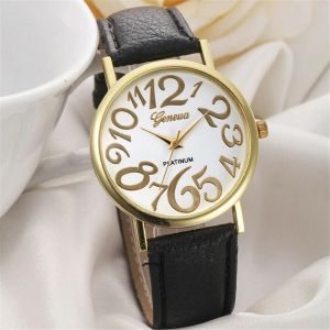 Montre À Bracelet En Cuir Pu À Cadran Rond Lumineux Lumineux Grand Nombre Figure (Blanc) - Neuf