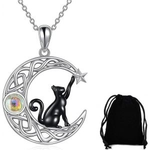 Kal-Collier Chat En Argent Sterling Avec Pendentif Croissant De Lune Et Chat - Bijoux Hypoallergénique Cadeaux Pour Femmes Filles - Neuf
