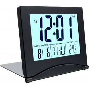 Horloge Numérique LCD Alarme de Voyage Plie avec Rétro-éclairage - Horloge Numérique avec Indication du Jour, de Date et de Température - Alarme Digitale de Bureau à Piles - Noir - Neuf