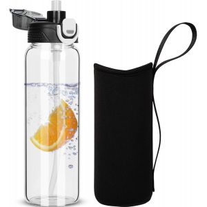 Shiba-0.8l Gourde En Verre Avec Paille, 800ml Bouteille D'eau En Verre Borosilicaté Anti-Fuite Avec Étui De Protection En Néoprène[1 - Neuf