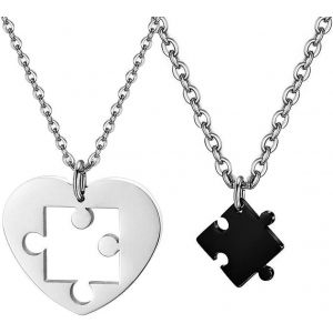Trahoo-Fu You 2 Pièces Acier Inoxydable Collier Couple Amoureux Pour 2 Femme Homme Argent Noir Pendentif Couple Amoureux Pour 2, Collier Coeur Separable Pendentif Puzzle,Meilleure Amie Collier Amitié - Neuf