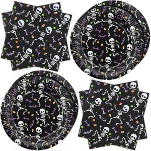 Mevronisshop-Set De Vaisselle Jetable Halloween - 40 Assiettes Et Serviettes En Papier Squelette - Décorations De Table Noir - Neuf