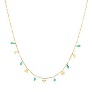 Collier Argent Dor&eacute; Pampilles De Forme Lune Coeur Et Pierre Amazonite - Neuf