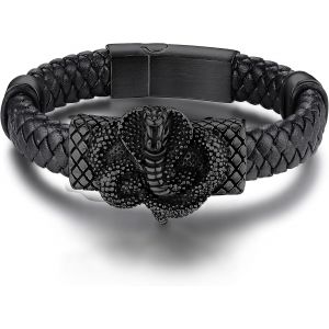 Bracelet En Cuir Homme Cobra Bracelets Corde Gourmette Cire Corde Acier Inoxydable Argent/Noir 19/21/23cm Bijoux Cadeau Garcon Enfant Fête Des Pères Avec Boîte - Neuf