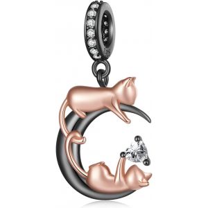 Ytseazn-Charms Pendentif Chat Lune Pour Bracelets Pandora,Breloques En Argent Sterling Plaqué Noir Avec De C?Ur,Cadeau De Bijoux Pour Femmes Filles - Neuf