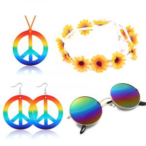 Pc Hippie Costume Ensemble D'accessoires Comprenant Arc-En-Ciel Signe De Paix De Collier, Boucles D'oreilles, De Tournesol Bandeau Et Ronde Lunettes De Soleil Hippie, Ann&eacute;es 60, Ann&eacute;es 70, Des Tenues Pour Les Enfants Filles Gar&ccedil;ons Femmes - Neuf
