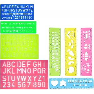 TIANYI-8 PCS Pochoir Enfant, 4 Pochoir Lettre Alphabet + 4 Pochoirs pour Peinture, Alphabet Letter Stencil Réutilisables Pochoir Dessin Enfant Règle en Plastique pour Peinture Apprentissage DIY - Neuf
