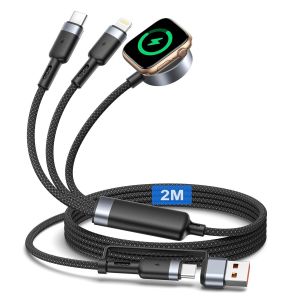 TRAHOO-3 en 2 C&acirc;ble pour Apple Watch et iPhone, 2M Nylon Chargeur Apple Watch Chargeur USB C avec port Lightning/USB C pour iWatch Ultra/SE/10/9/8/7/6/5/4/3/2,iPhone 17 16 15 14 13 12 11 Pro Max,iPad - Neuf