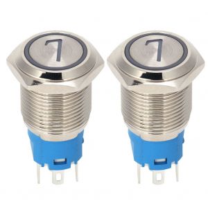 Lot de 2 interrupteurs a bouton-poussoir en acier inoxydable a 5 broches, 16 mm, a reinitialisation automatique, avec voyant et numero, 73-6 V CC, blanc - Neuf