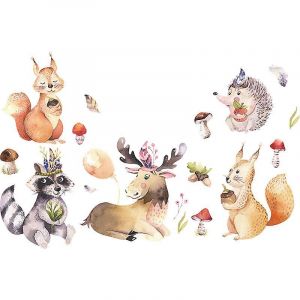 Un ensemble d'autocollants muraux - Décoration pour chambre à coucher, salon, bureau, animal, renard, cerf, hérisson - Sticker mural - Neuf