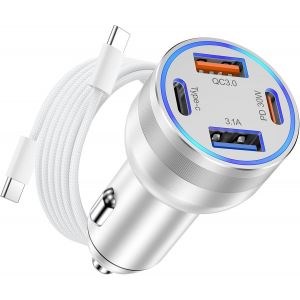 Allume Cigare Usb C, 65W 4-Ports Dual Pd&Qc3.0 Chargeur Allume Cigare Rapide, Prise Usb 12V Adaptateur Allume Cigare Secteur Pour Iphone 16/15/14/13/12/11/Pro Max, Ipad, Samsung Galaxy Pixel(Argent) - Neuf