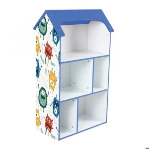 &Eacute;tag&egrave;re enfant GINGER HOME MONSTER &iquest; Meuble de rangement en bois bleu en forme de maison, 54x27x91,5 cm &iquest; Biblioth&egrave;que jouets - Neuf