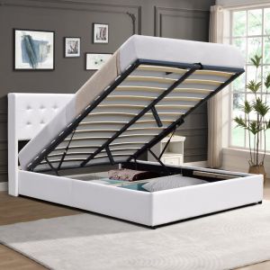 Lit 160x200 Dehoussable T&ecirc;te de lit capitonn&eacute;e 12 lattes Montage rapide Rev&ecirc;tement PVC simili facile entretien LIT TRIXIE BLANC - Neuf