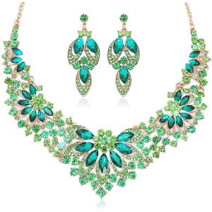 Bijoux, 2 Pcs Parure Bijoux, Femme Cristal Colliers Et D'oreilles, Strass Ensembles De Bijoux, Vintage Boucle Et Colliers, Pour Mariage, Mari&eacute;e, Demoiselle D'honneur, Femme, Vert - Neuf