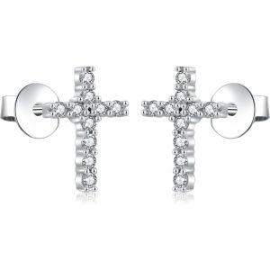 Kal-Boucle D'oreille En Argent 925, Croix Religieux Argent Boucle D Oreille Femme, Zircone Petites Boucles D'oreilles Pour Fille Enfant Boucle D'oreille Bijoux - Neuf