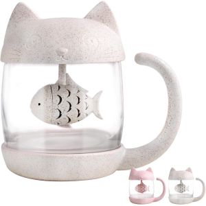 MEVRONISSHOP-Tasse &agrave; th&eacute; en verre chat, bouteille d'eau avec infuseur &agrave; th&eacute; de poisson, passoire &agrave; th&eacute; en vrac 250ML - Neuf