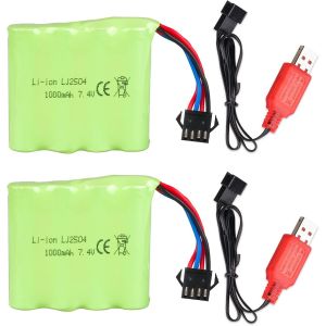 Kyaoayo-2pcs 7.4 V 1000 Mah Batterie Lithium Avec Prise Sm-4p Et Câble De Charge Usb Pour Rc Voiture Bateau Camion, De36w De65 No.1809 Voiture Jouet Rc, Voiture Tout-Terrain-Aofonchy - Neuf
