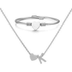 Kal-Collier Pendentif Lettre Initiale Personnalisée Femme Collier Initiale Coeur Bracelet Coeur Ouvert Ajustable Bracelet De Manchette En Acier Inoxydable A-Z Pendentif Collier Femmes Filles - Neuf