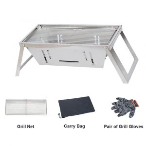 Barbecue De Camping Portable 3, RéChaud à Charbon De Bois Pliable En Acier Inoxydable, RéGlable En Hauteur, Avec Gants De Gril, Sac De Transport - Neuf