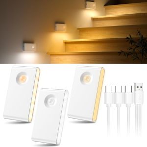 Lot De 3 Veilleuse Detecteur De Mouvement, 3 Couleurs Et Luminosit&eacute; R&eacute;glable, Lampe Detecteur De Mouvement Interieur, Rechargeable Veilleuse Pour Escaliers, Couloirs, Salles De Bains - Neuf