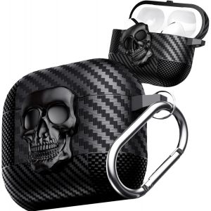 KALANKA-&Eacute;tui AirPods Pro 3 T&ecirc;te de Mort 3D Mal&eacute;fique, Coque Antichoc en Fibre de Carbone avec Mousqueton Design Cr&eacute;atif Compatible avec AirPods Pro 3 2025 .Skull Black - Neuf