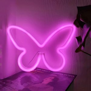 Enseigne Au N&eacute;on Papillon Led, D&eacute;coration Murale, Veilleuse Aliment&eacute;e Par Batterie, Adapt&eacute;e Au Salon, Chambre D'enfant, Fille, D&eacute;coration De F&ecirc;te De No&euml;l, Fonctionne Par Usb, R&eacute;utilisable (1pc Rose) - Neuf