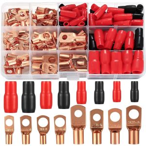 120 Pcs Cosse à Sertir Kit, Cosses Electriques, Cosses à Sertir de Batterie Trou de Boulon, Cosses de Câble en Cuivre, 60 Cosses Anneau SC à Souder, 60 Gaines Thermorétractables, 6/10/16/25 mm² - Neuf