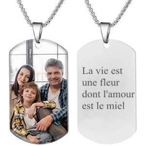 Kal-Plaque Militaire Personnalisable Homme Collier Photo Grav&eacute; & Personnalis&eacute; Pr&eacute;nom Pendentif Dog Tag Coeur/Rond/Carr&eacute;/Chat/Ellipse En Acier Inoxydable,Cadeau D'anniversaire Pour Papa - Neuf