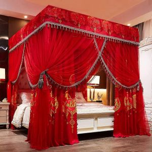 Lit A Baldaquin Princesse Avec 4 Montants D'angle Et Moustiquaire Pour Lits King Size (Rouge) - Neuf
