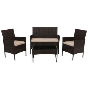 Salon De Jardin Ensemble Lounge 4 Places Avec Table En Verre En R&eacute;sine Tress&eacute;e Marron Et Coussins Cr&egrave;me 04_0009738 - Neuf