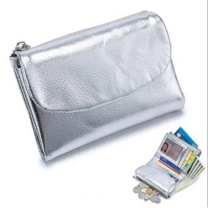 Porte-Monnaie En Cuir De Vache Véritable,Portefeuille Court À Trois Volets Pour Petits Sacs À Main Pour Femmes,Pochette En Cuir De Vache,Porte-Cartes De Voyage.Silvery. - Neuf