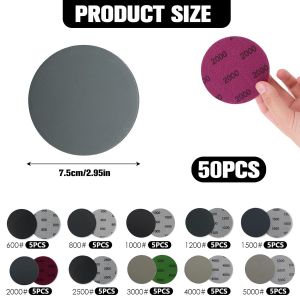 Papier De Verre Sec &Agrave; L'eau 75 Mm, 50 Pi&egrave;ces Papier &Agrave; Poncer Rond, 600/800/1000/1200/1500/2000/2500/3000/4000/5000 Disques De Pon&ccedil;age, Pour M&eacute;tal, Bois, Meulage, Polissage Miroir - Neuf