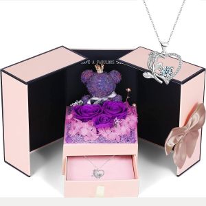 Cadeau Femme Rose &Eacute;ternelle Fleurs Ours Boite, Roses Pr&eacute;serv&eacute;es avec Collier, Ours en Rose Coffret Cadeaux pour la Fete des Meres Anniversaire Mariage Saint-Valentin - Neuf