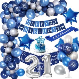 AYUHR-60 Ans Décoration Anniversaire Homme Chrome Bleu Argent,Royal Bleu Ballons Arch Kit avec Joyeux Anniversaire Bannière Cake Topper Nappe Birthday Sash Grand Ballon Numéro 60 - Neuf
